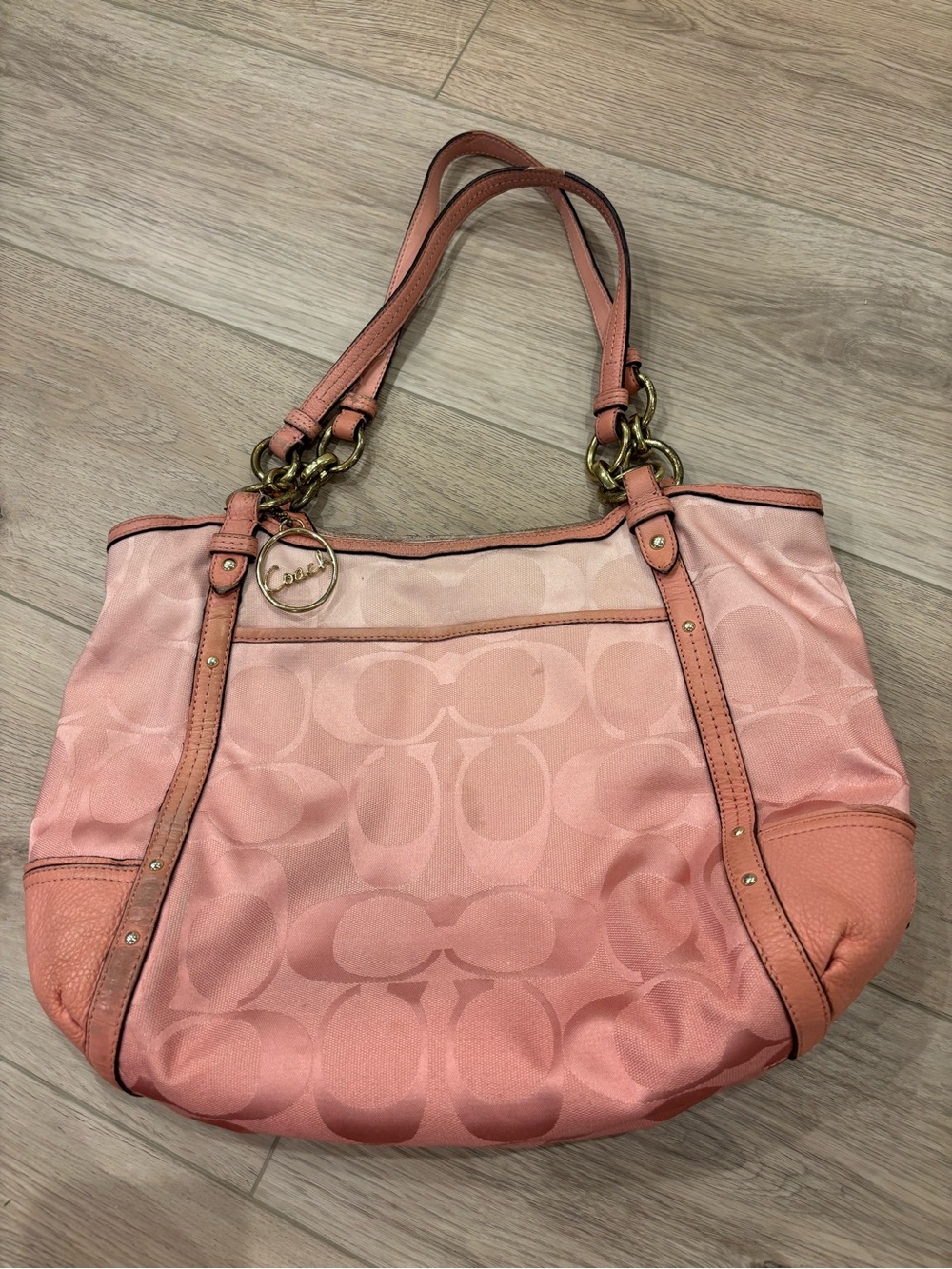 Coach Pink Signature Jacquard Shoulder Bag with Leather Trim